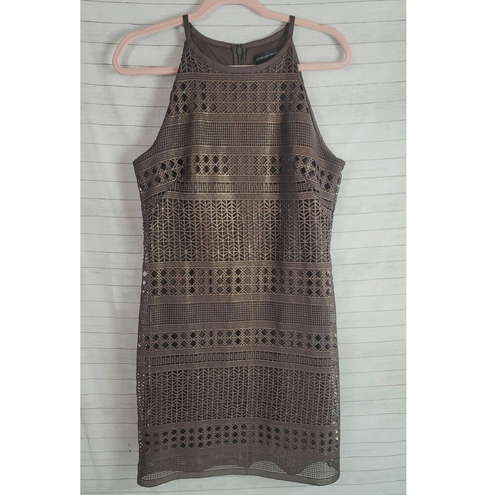 White House Black Market Brown & Metallic Bronze Crochet Sheath Dress, sz 6
